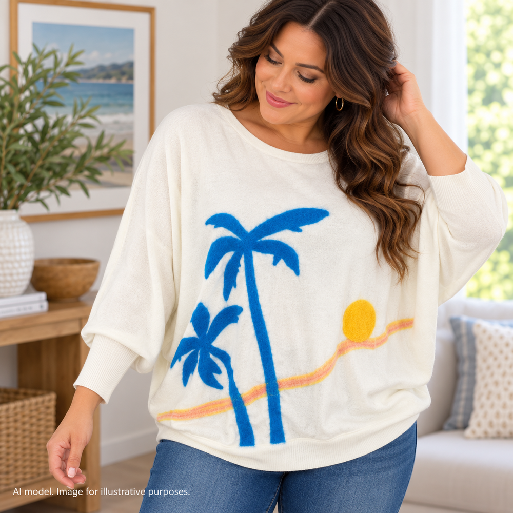 Aaeda Sweater Women White One Size Super Soft Artsy Felt Palm Trees Sun Batwing